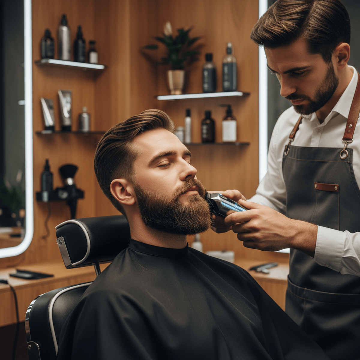 Skilled barber precisely trims a stylish man's goatee with clippers in a modern barbershop.