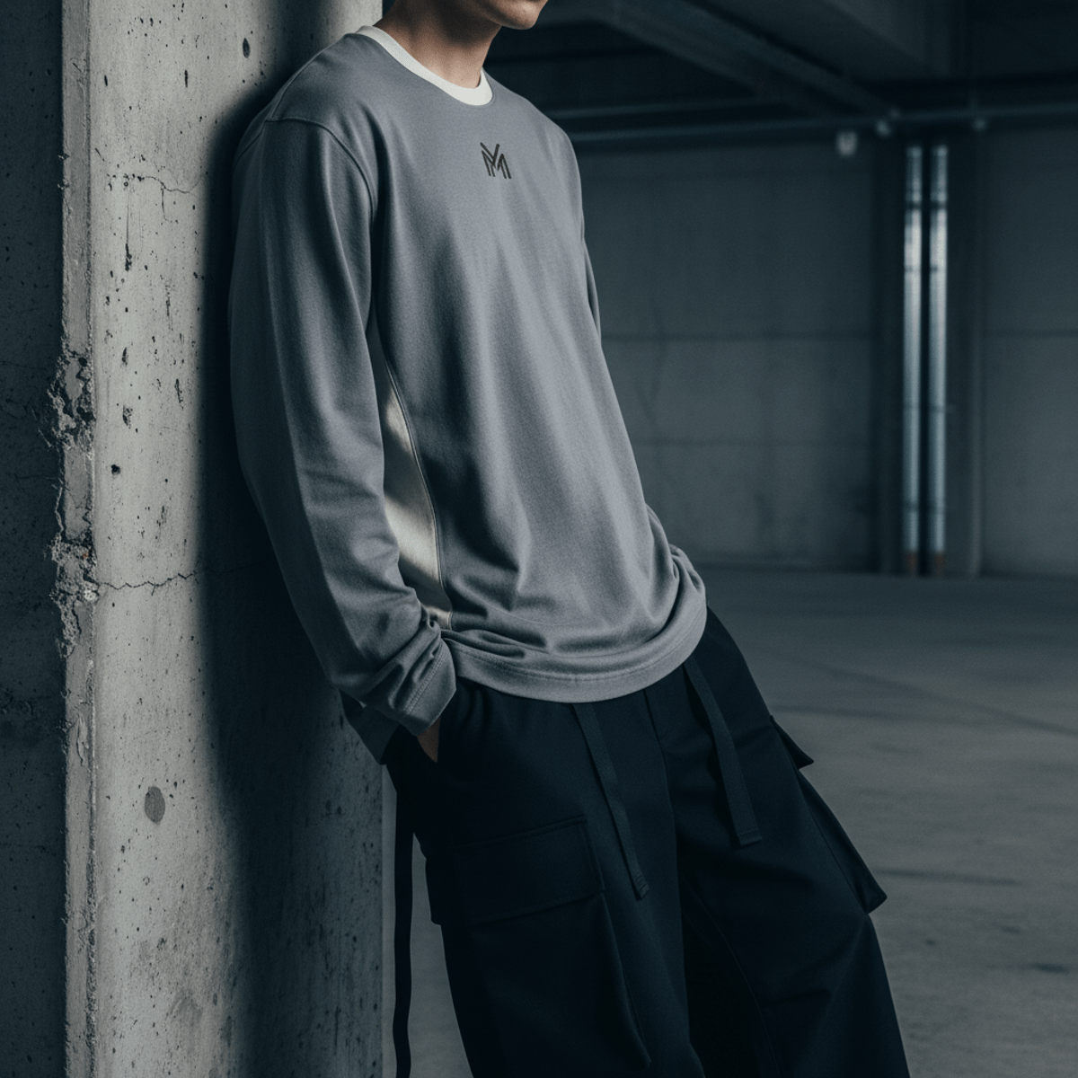 Streetwear soccer jersey with cargo pants against a weathered concrete wall.