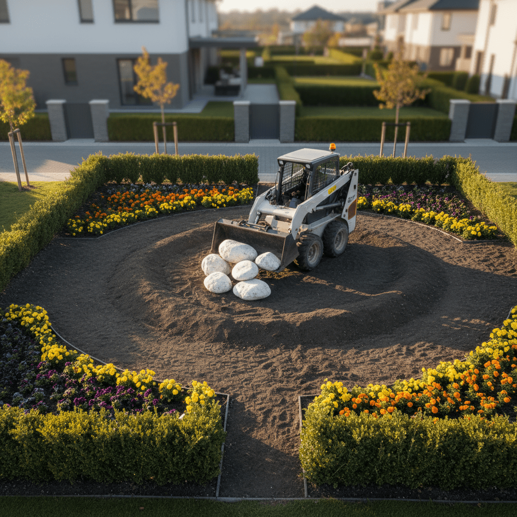 Mini skid loader carefully places decorative white stones in a modern garden.