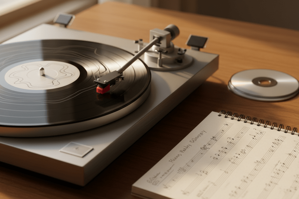 Close-up of spinning vinyl record, handwritten music sheets, and CDs lit by natural light, evoking timeless artistic reflection