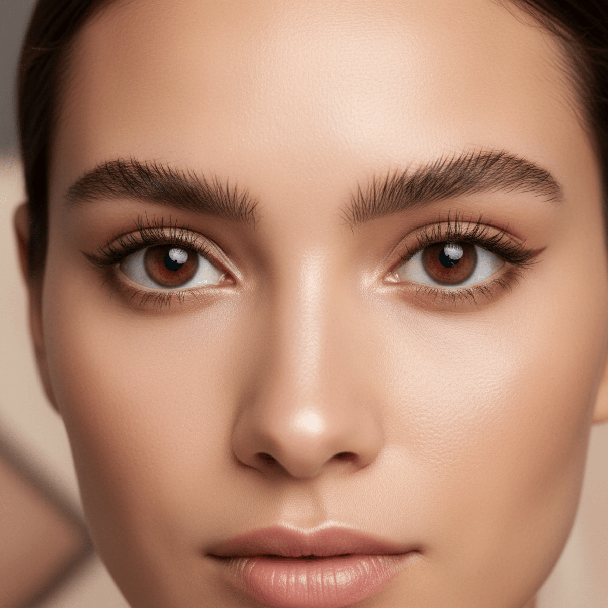 Close-up of a woman with doe eyes, matte eyeliner, and fluffy brows in soft studio light.