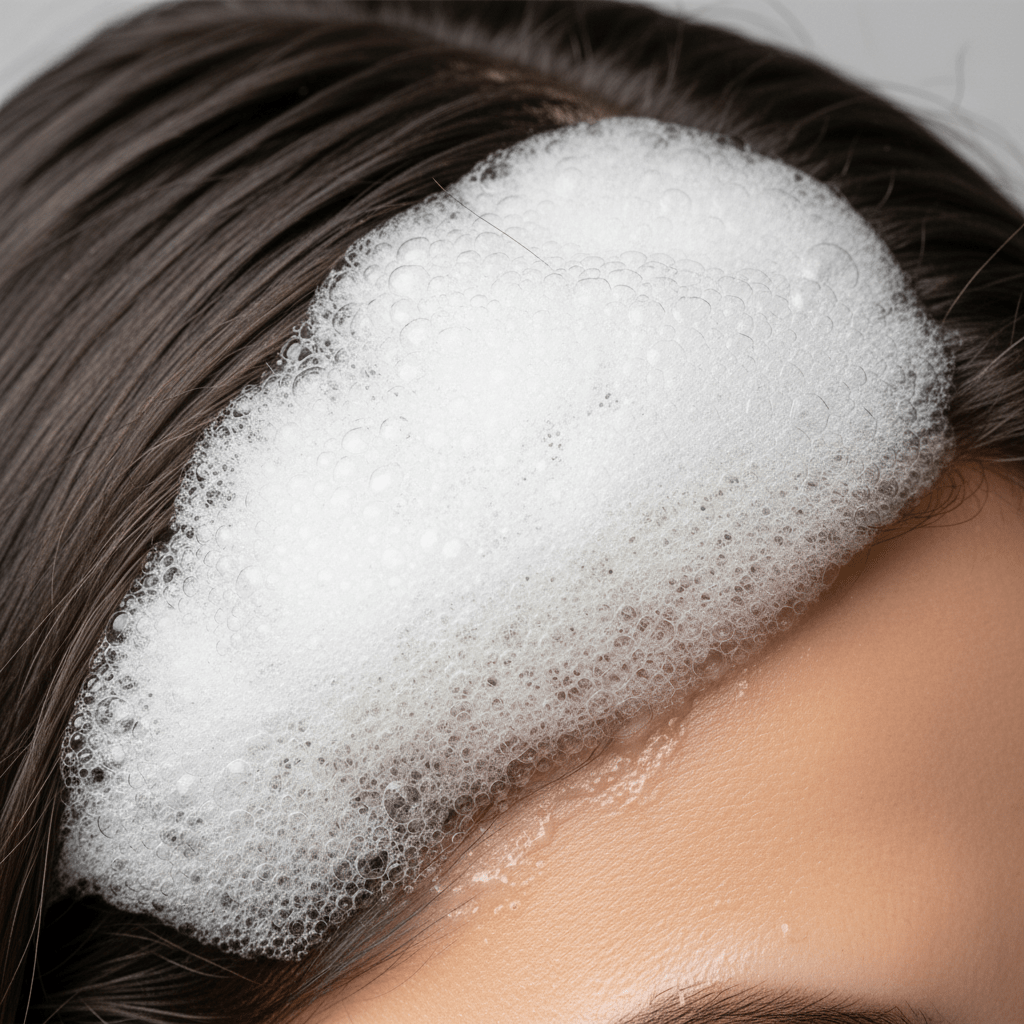 Carbonated scalp therapy foam with rich texture. Dense oxygen-rich foam with delicate bubbles on scalp for hair care.