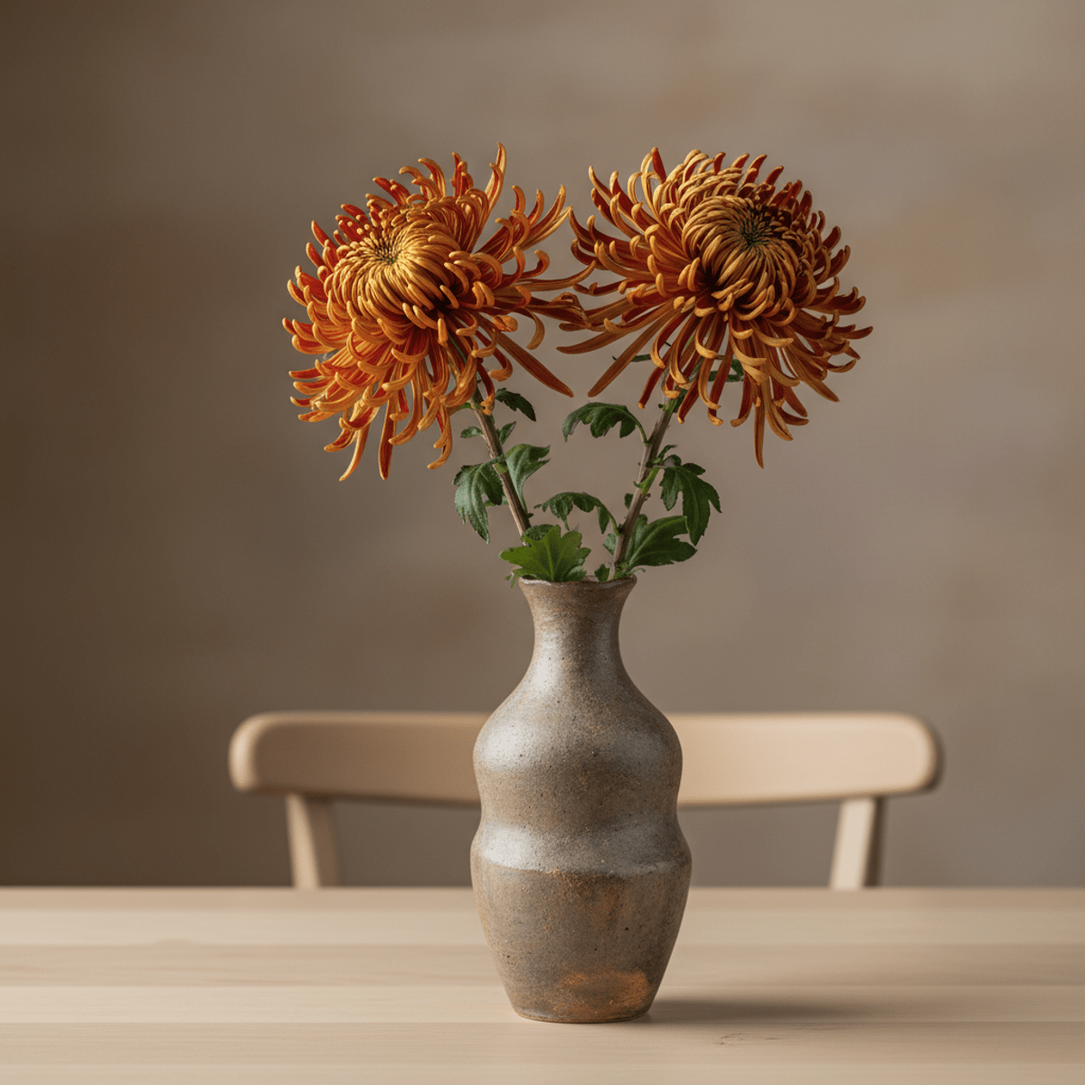 Spider chrysanthemums with twisted petals in autumn hues in a sculptural ceramic vase.