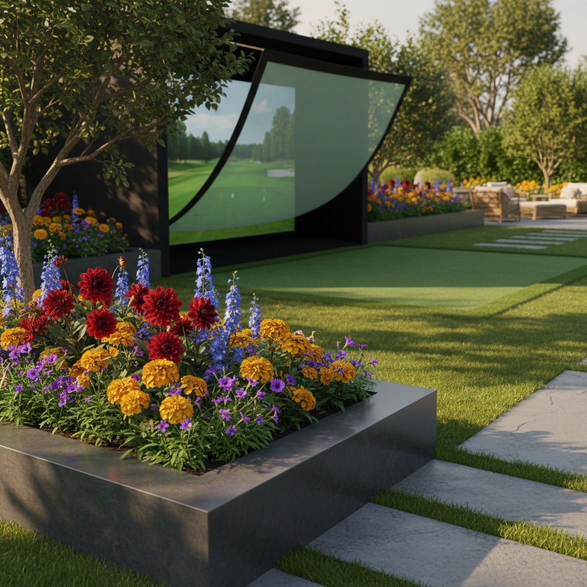 Luxury golf simulator discreetly integrated into a garden with a hidden screen.