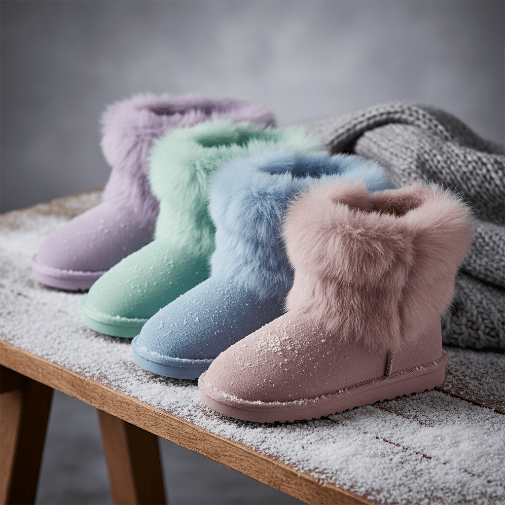 Pastel fur-lined suede boots for cozy winter style. Soft pastel suede boots with plush fur lining on a snow-dusted wooden surface.
