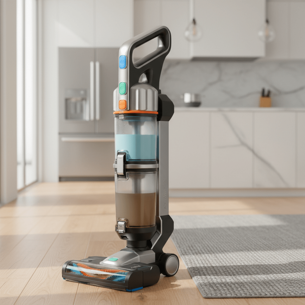 Modern wet/dry vacuum cleaner in a 2026 kitchen, showing dual-tank separation.