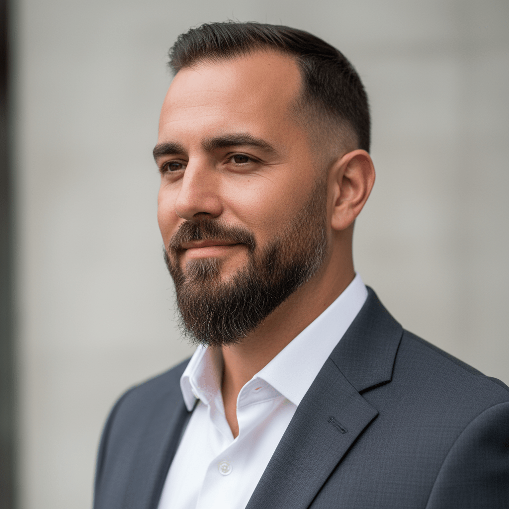 Man with meticulously groomed faded goatee and tailored suit in soft studio light.