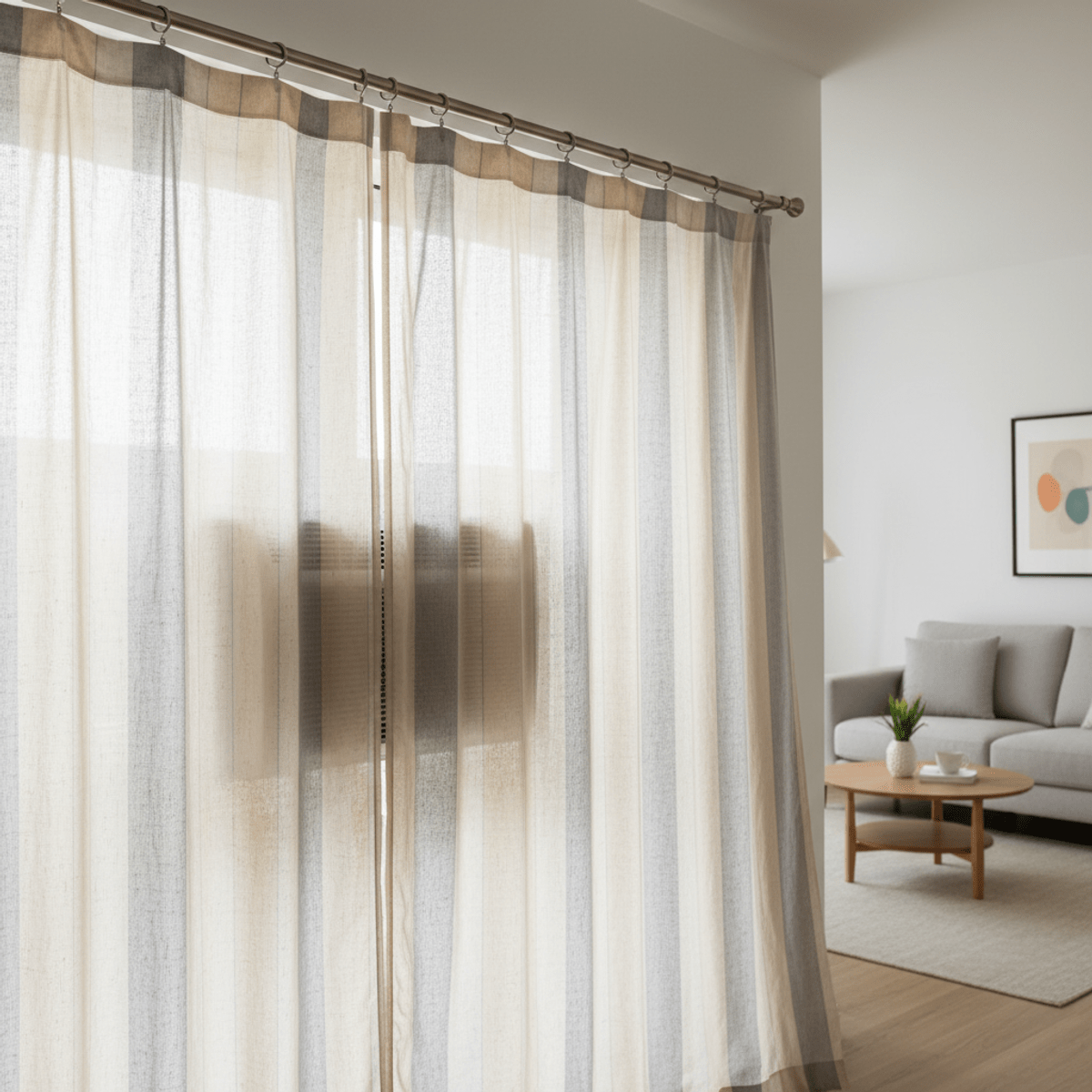 Modern living room curtain framing hidden AC unit Close-up of sheer cotton voile curtain texture in a modern living room.