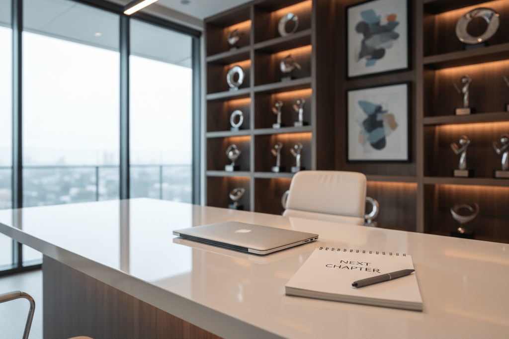 Wide shot of a tidy desk with laptop, notebook, and abstract art under soft lighting, representing career pivots