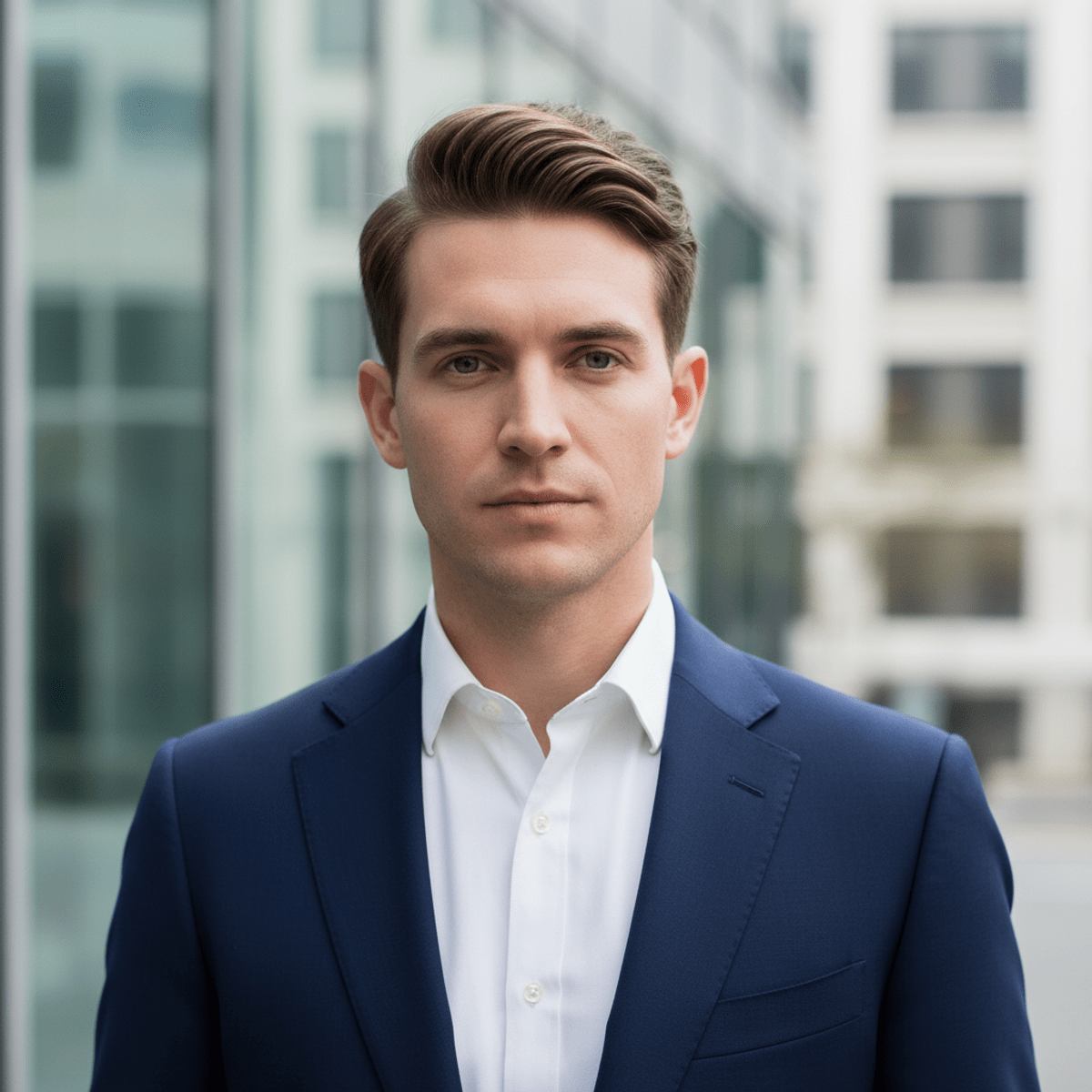 Modern Ivy League hairstyle with tailored blazer in office. Man with modern Ivy League hairstyle and navy blazer in an urban office.