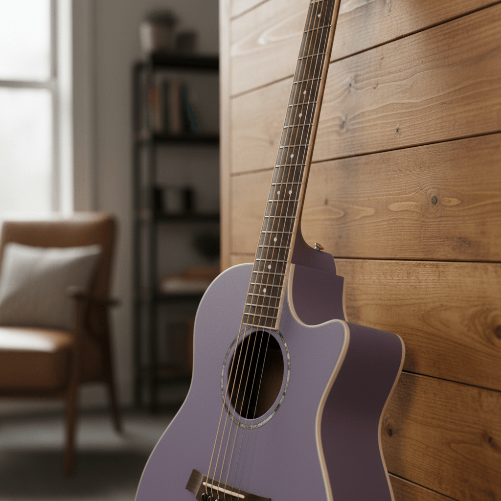 Matte lavender guitar with maple neck against natural wood wall in soft daylight.