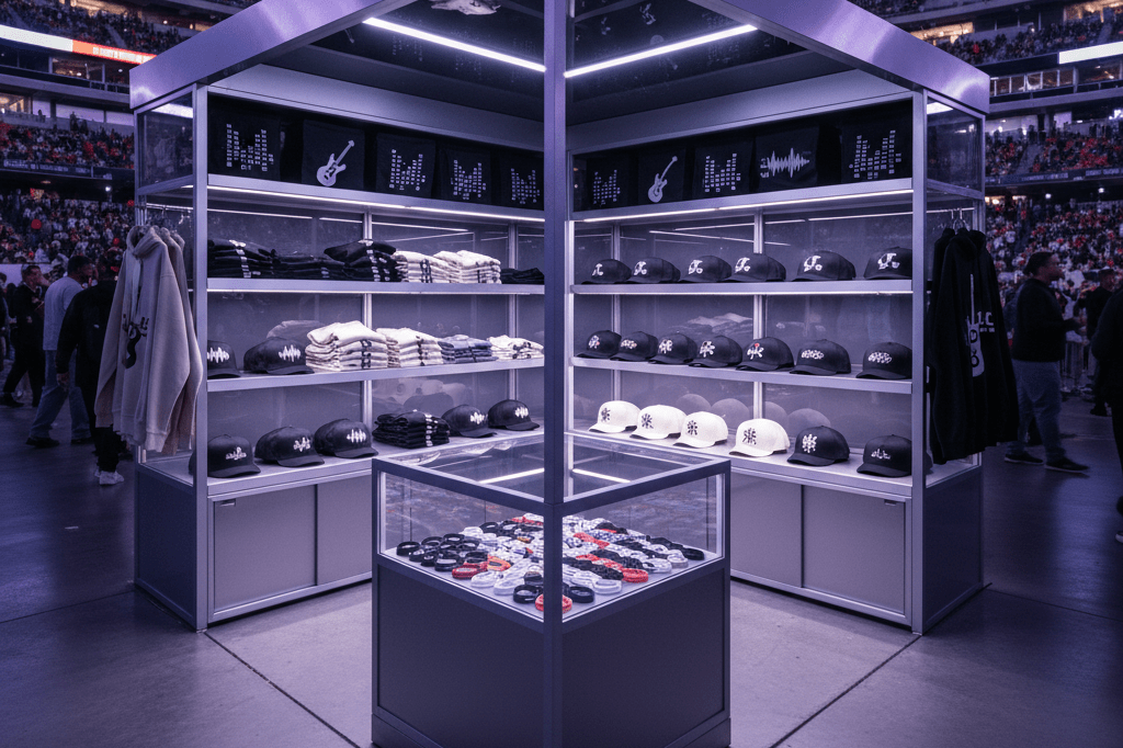 Wide-angle view of a stadium merchandise booth with generic music-themed products under soft ambient lighting