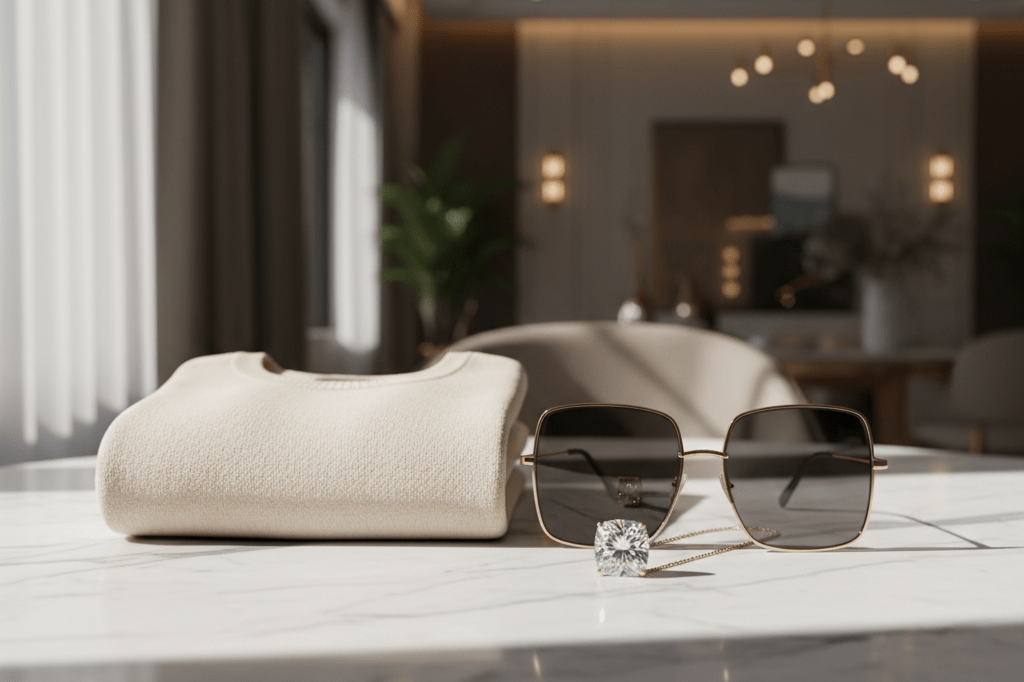 Cashmere sweater, designer sunglasses, and diamond pendant arranged on marble tabletop under natural and ambient light