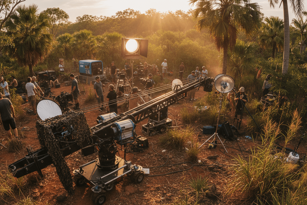 Wide-angle view of a tropical film set during golden hour, highlighting logistical adjustments for regional diversification
