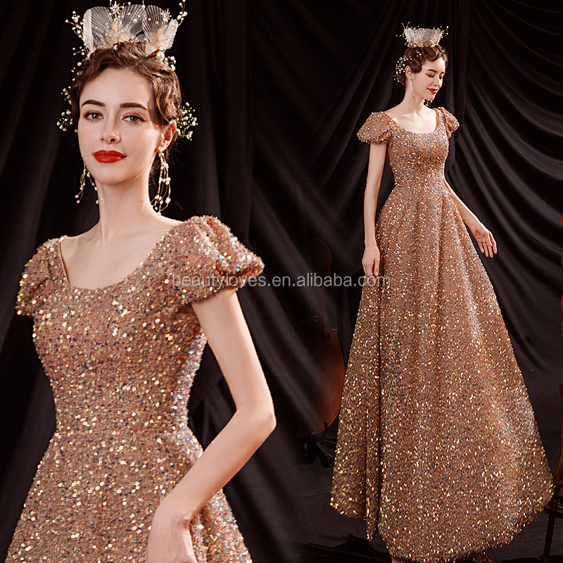 gold prom dresses 2022 Charming Gold Prom Dresses 2022 A-Line / Princess Square Neckline Beading  Sequins Puffy Short Sleeve Backless Floor-Length / Long Formal Dresses