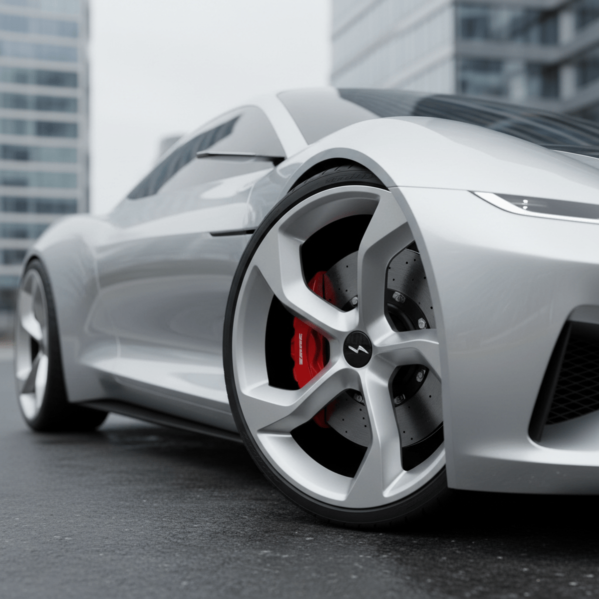 Minimalist floating spoke wheel on a futuristic electric sports car with red brake calipers.