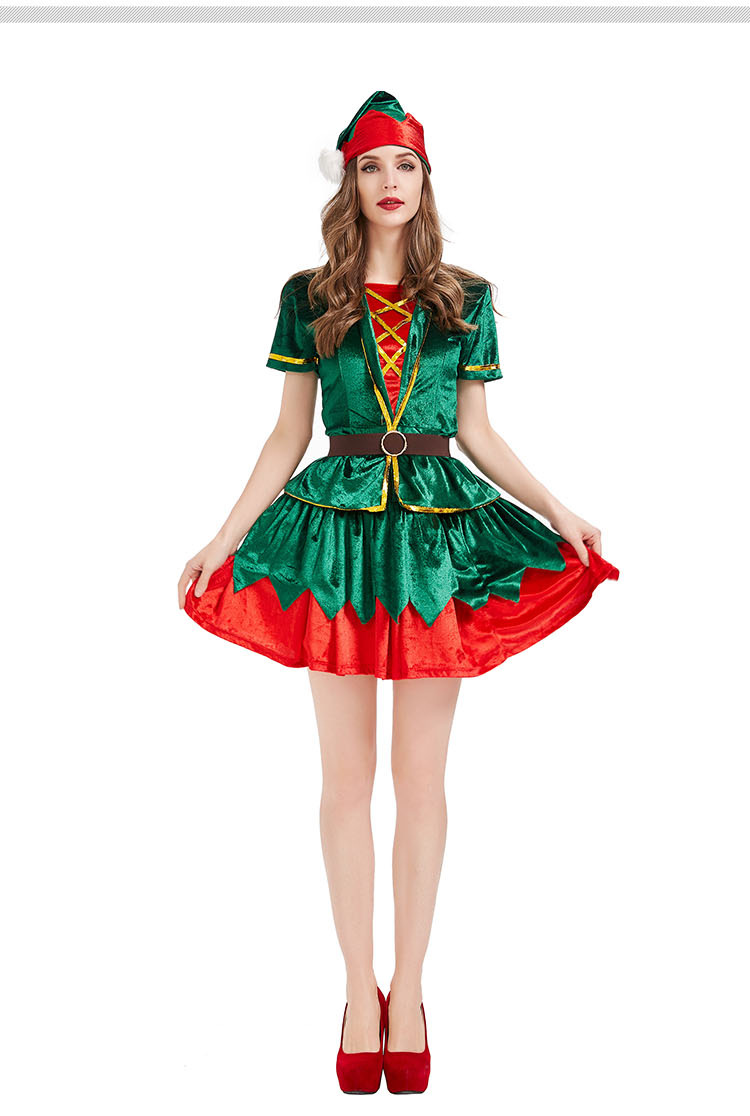 Christmas Party Green Gilt Double Layer Irregular Cotton Elegant Ladies Dress