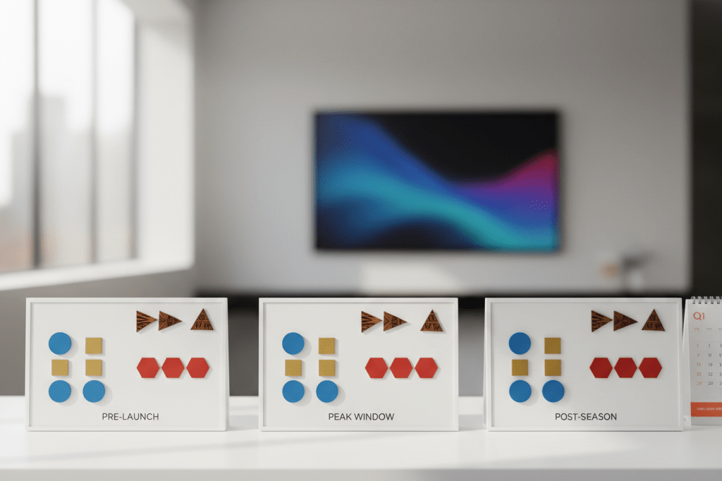 Medium shot of a retail planning desk with color-coded inventory strategy boards and calendar, inspired by reality TV seasonal timing, no people or branding