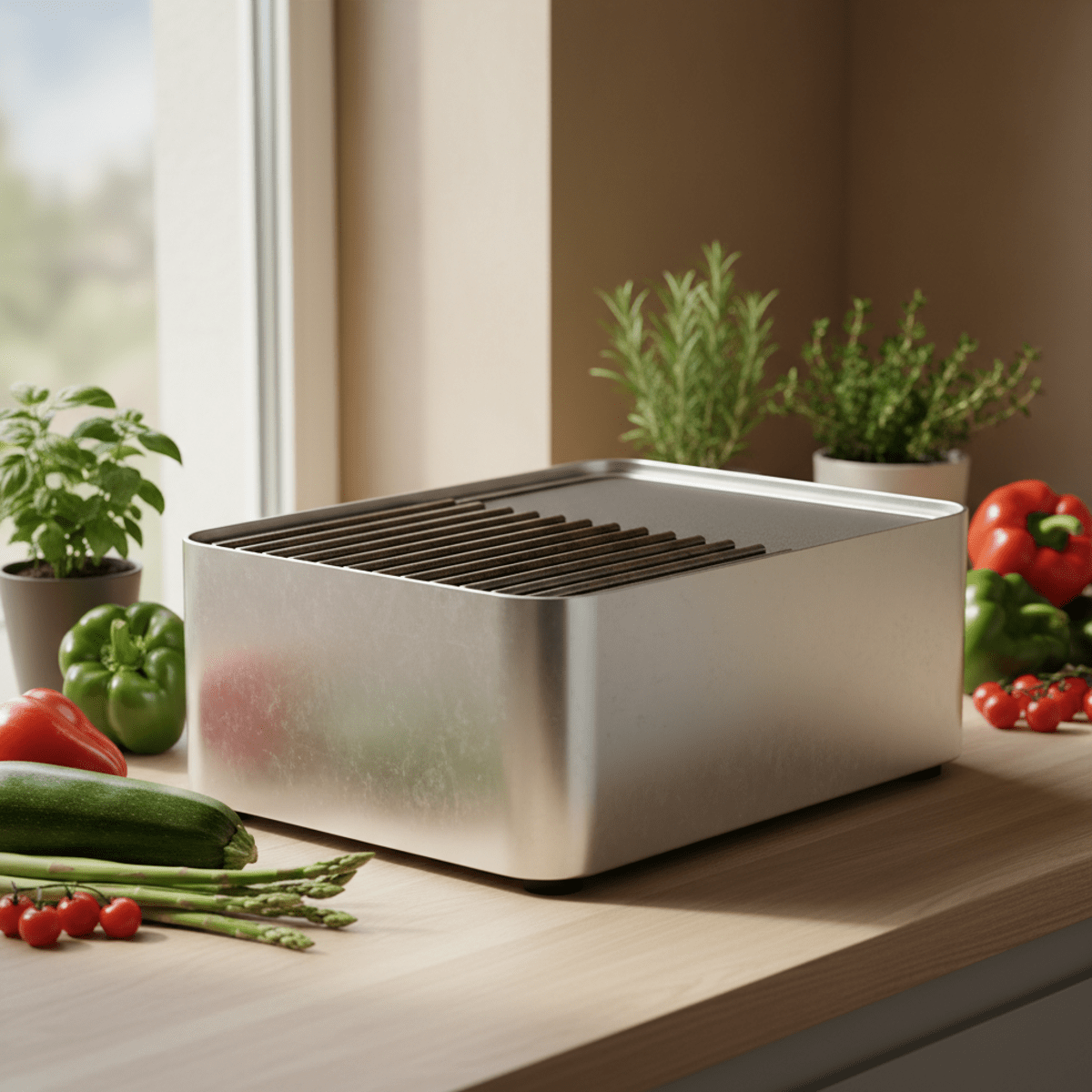 Sleek indoor grill with fresh vegetables on wooden counter Indoor barbeque grill with recycled aluminum housing and steel grates, surrounded by fresh vegetables.