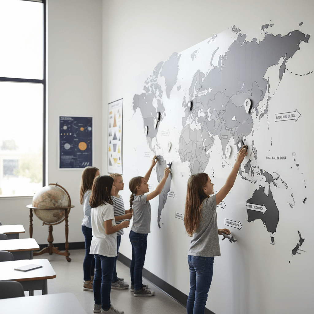 Interactive magnetic world map in a modern classroom Children engage with a sleek, minimalist grayscale magnetic world map in a bright classroom.