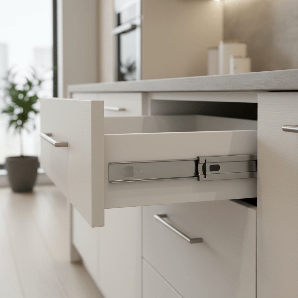Fully extended modern kitchen drawer with sleek metal glides and soft-close.