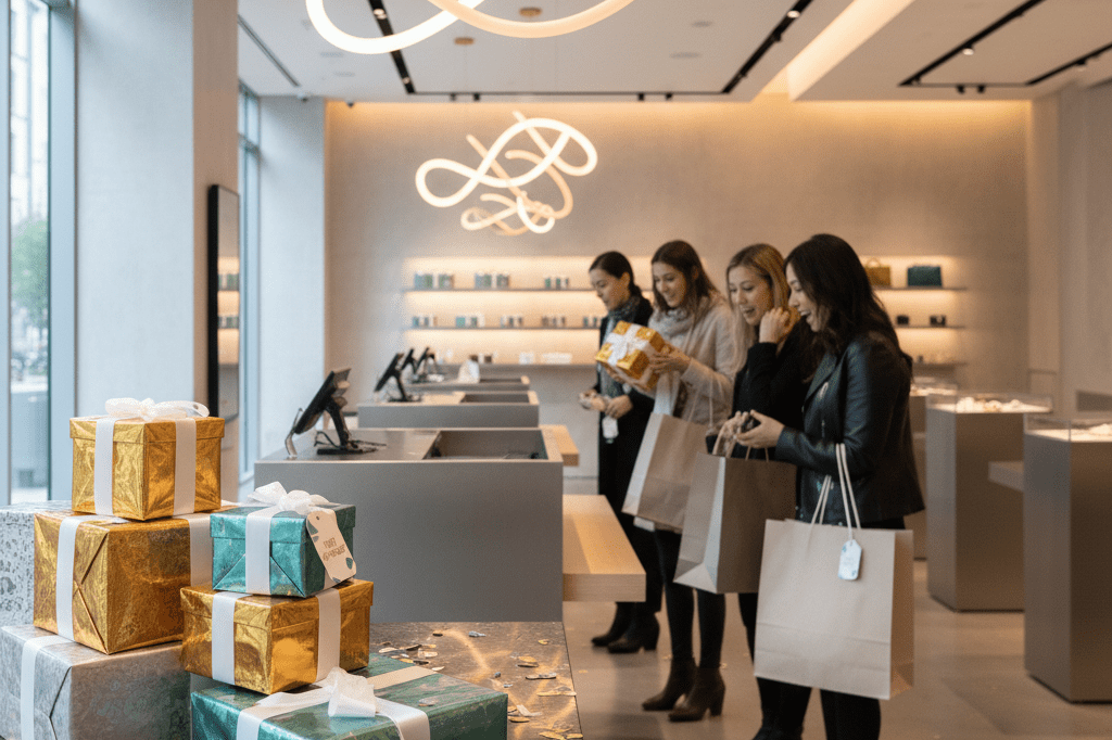 Gift boxes and shopping bags arranged at a stylish counter in warm ambient light symbolizing surprise-driven customer engagement