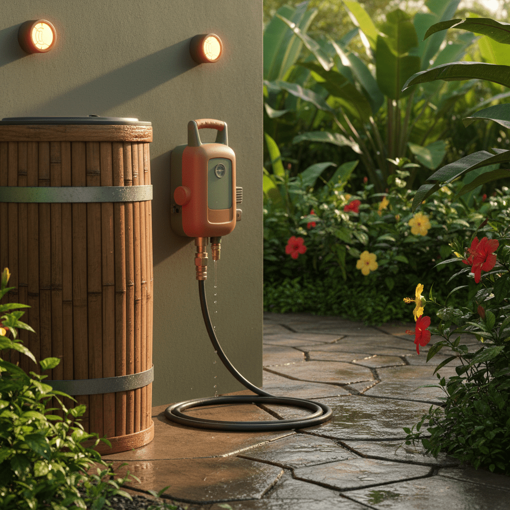 Wall-mounted power washer connected to rainwater barrel, hose leading to wet garden path.
