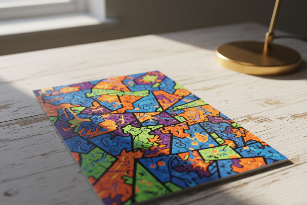 Close-up of an abstract comic book cover with irregular panels and bold colors under natural and ambient lighting