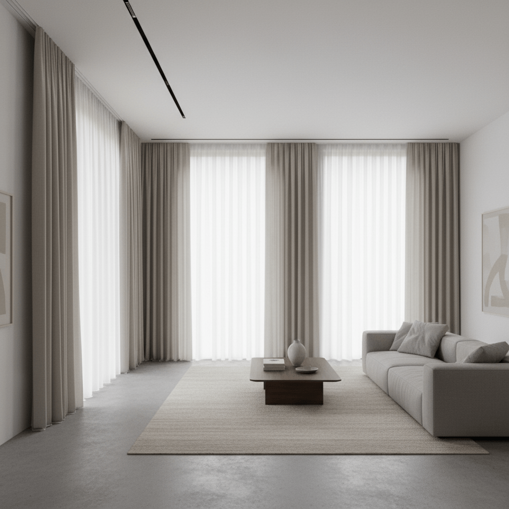 Modern S-fold curtains seamlessly integrated into minimalist living room design. Seamless S-fold curtains emerge from a minimalist ceiling in a modern living room.