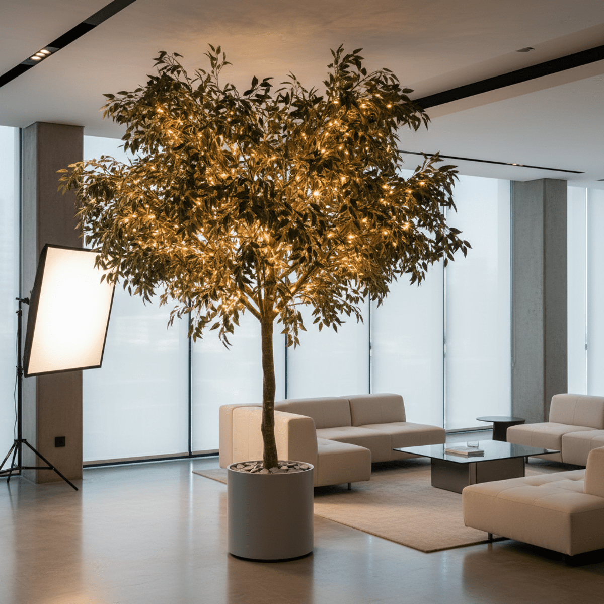 Contemporary office lounge with a faux tree featuring micro-LED lights.