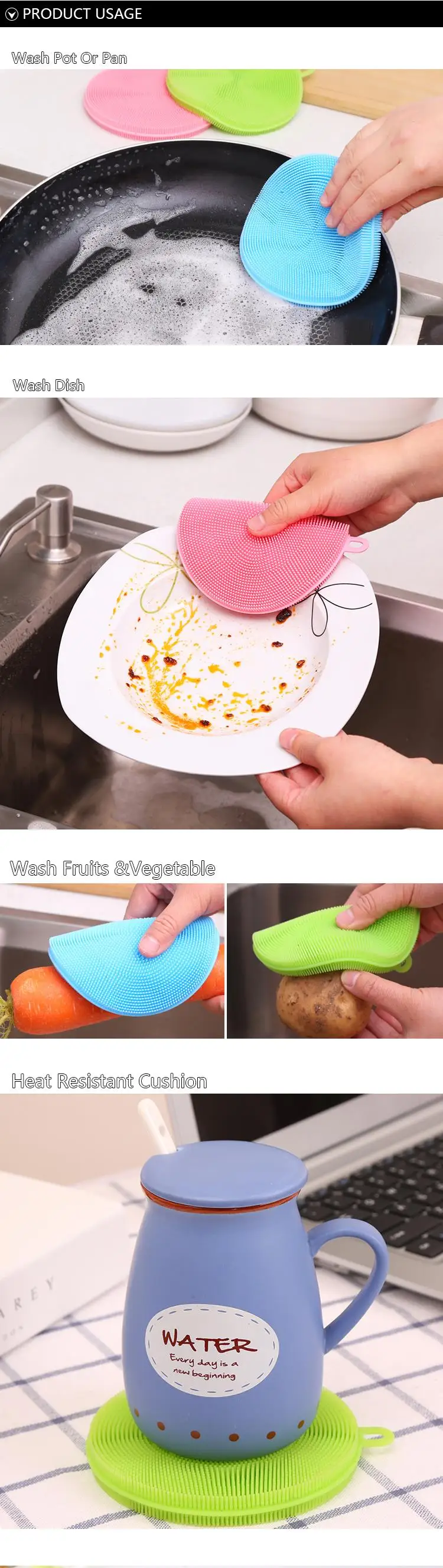 BPA Free Home Kitchen Silicone Scrubber Antibacterial Sponge Silicone Dish Washing Sponge