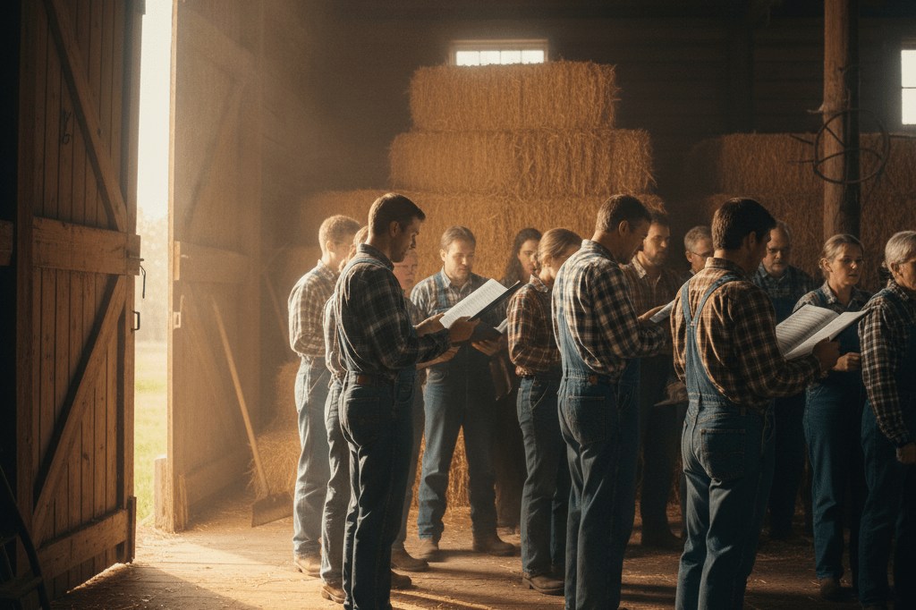 Farmers' choir performing in a sunlit barn during sunset Authentic rural choir performance in a warmly lit barn, symbolizing unity and shared passion for music