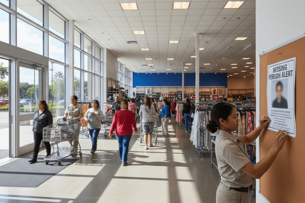 Interior of a retail store with a missing person alert poster being placed under natural light
