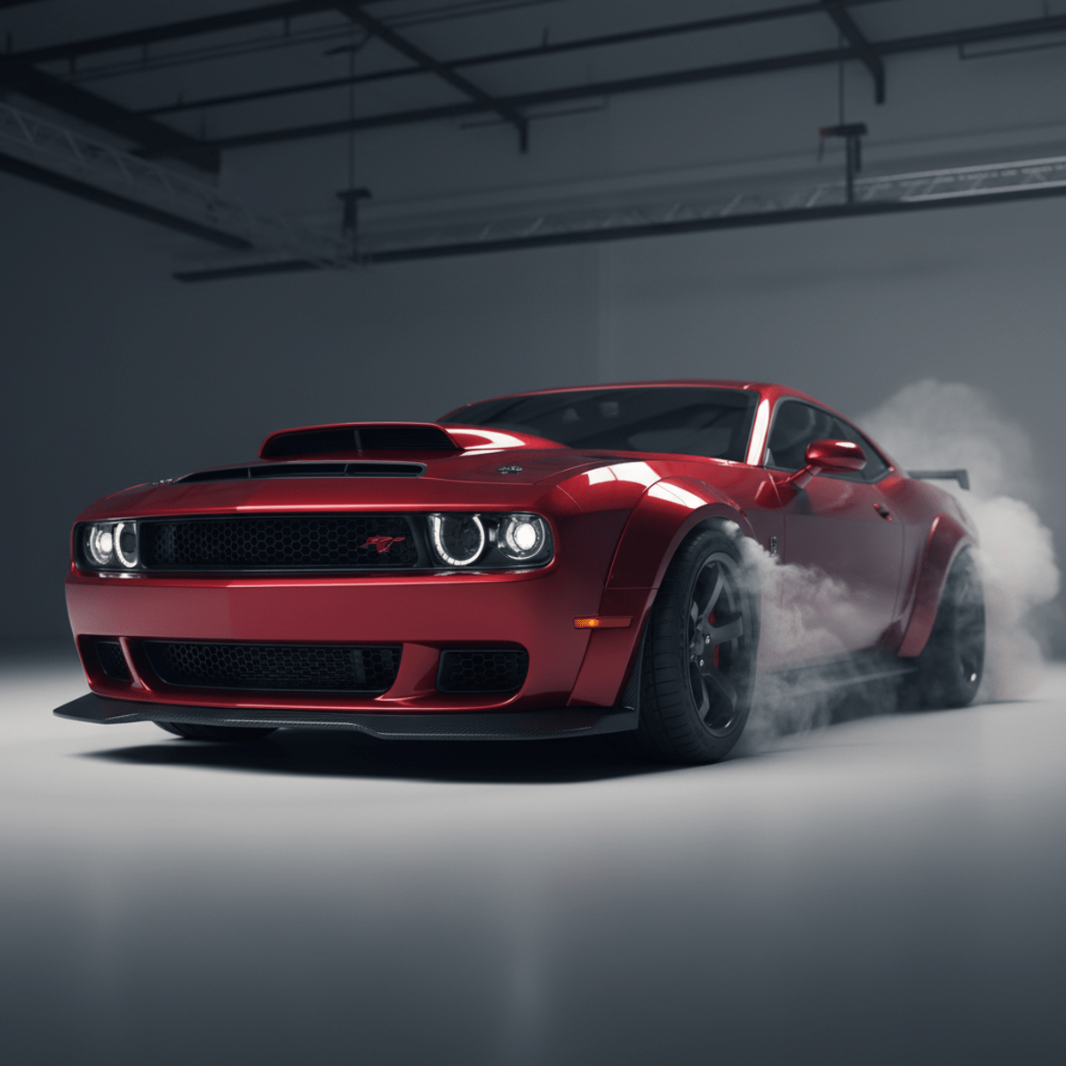 Aggressive widebody coupe with supercharged V8 performing a dramatic burnout.