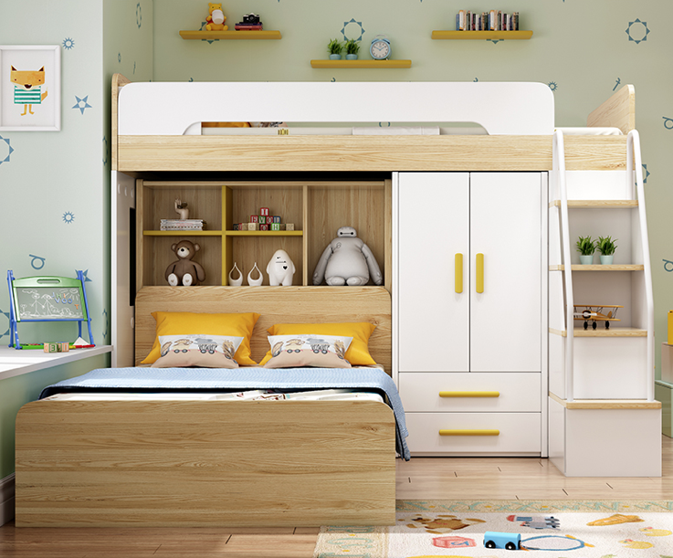 double deck bed with cabinet