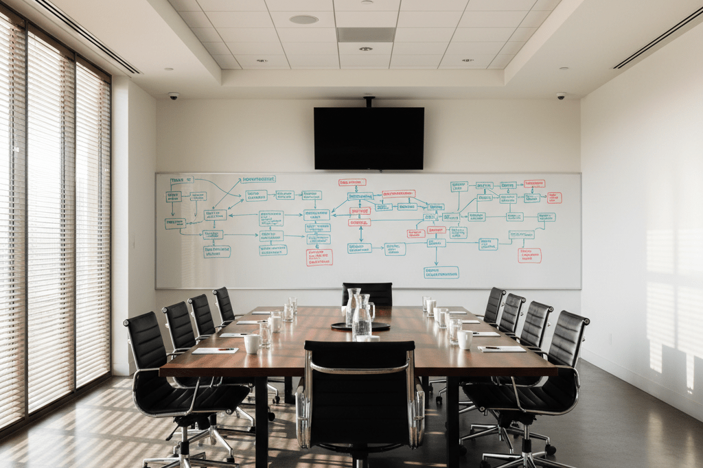 Wide shot of a softly lit Hollywood studio conference room featuring a whiteboard with generic timelines and charts under natural light