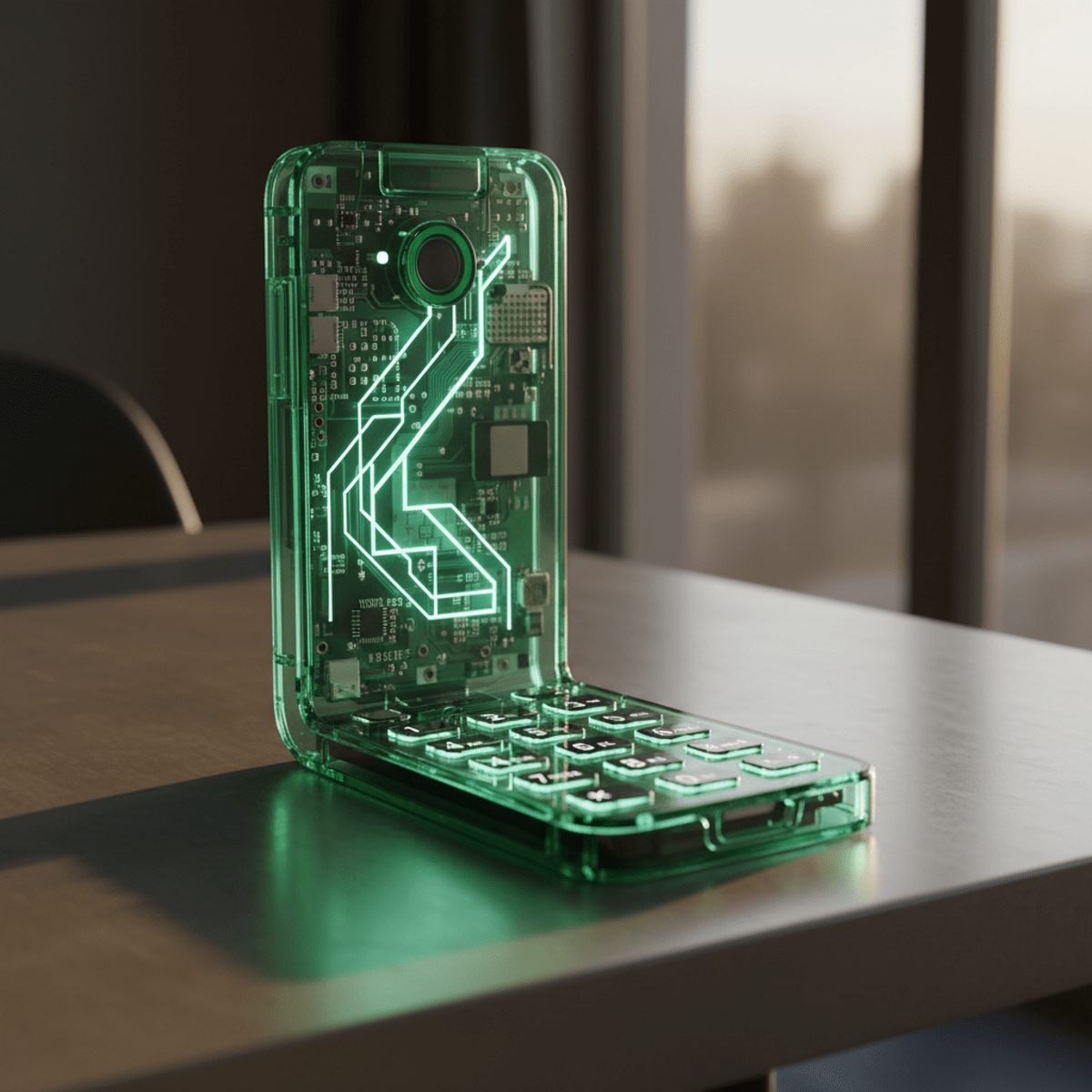 Emerald green phone with exposed circuitry and LED accents on brushed aluminum.