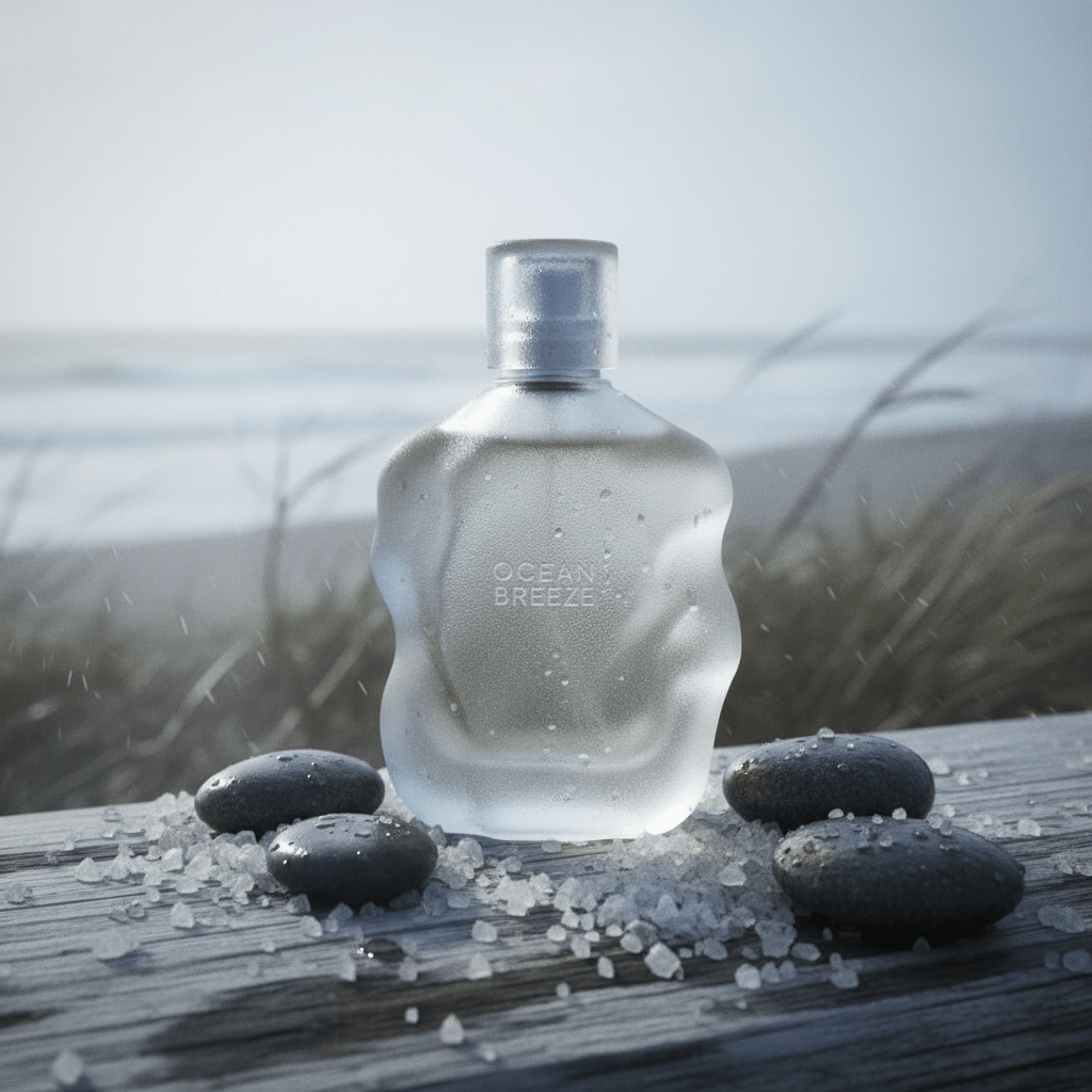 Frosted cologne bottle with organic contours, sea salt, and damp stones.