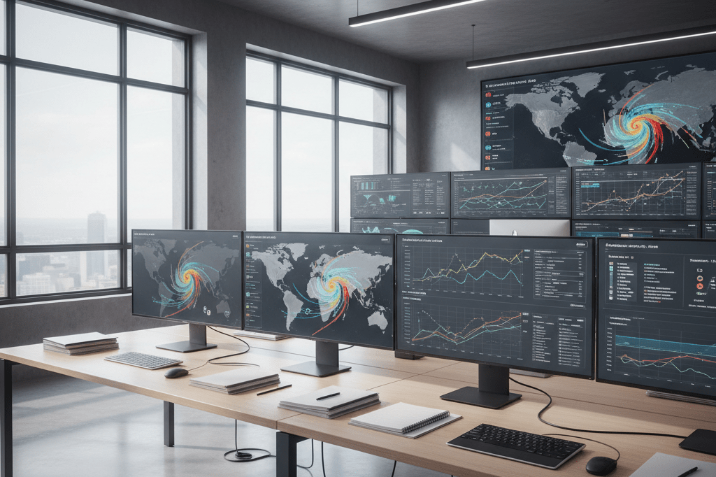 Wide shot of a supply chain control room with monitors showing weather maps and logistics data under natural light