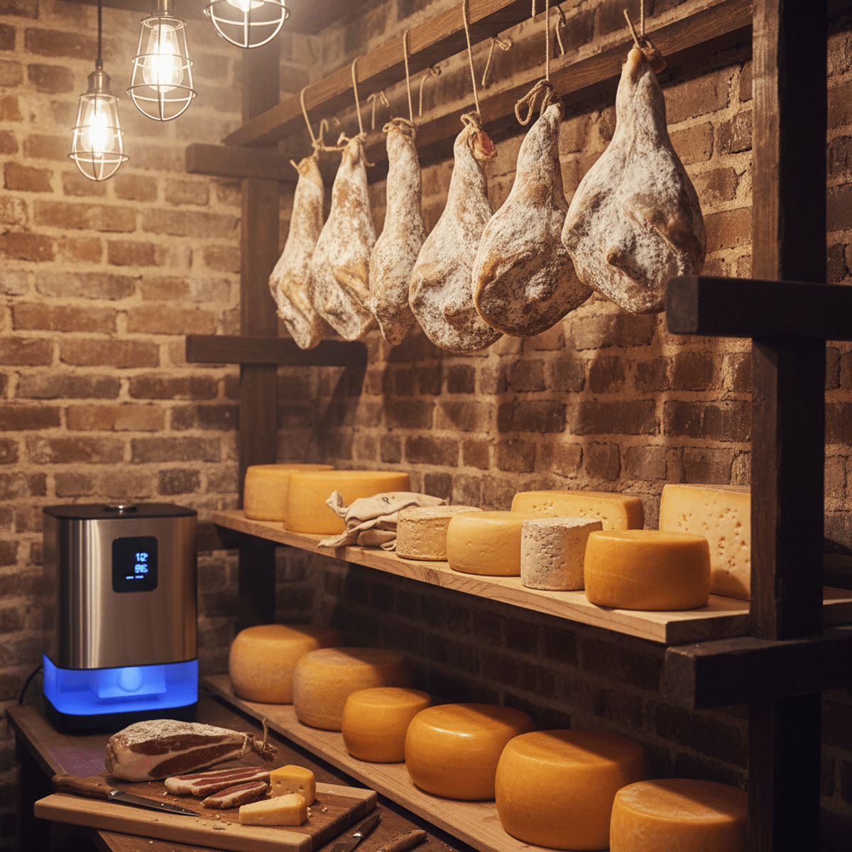 Rustic basement cheese cave with aged brick, wooden racks, and cured meats.