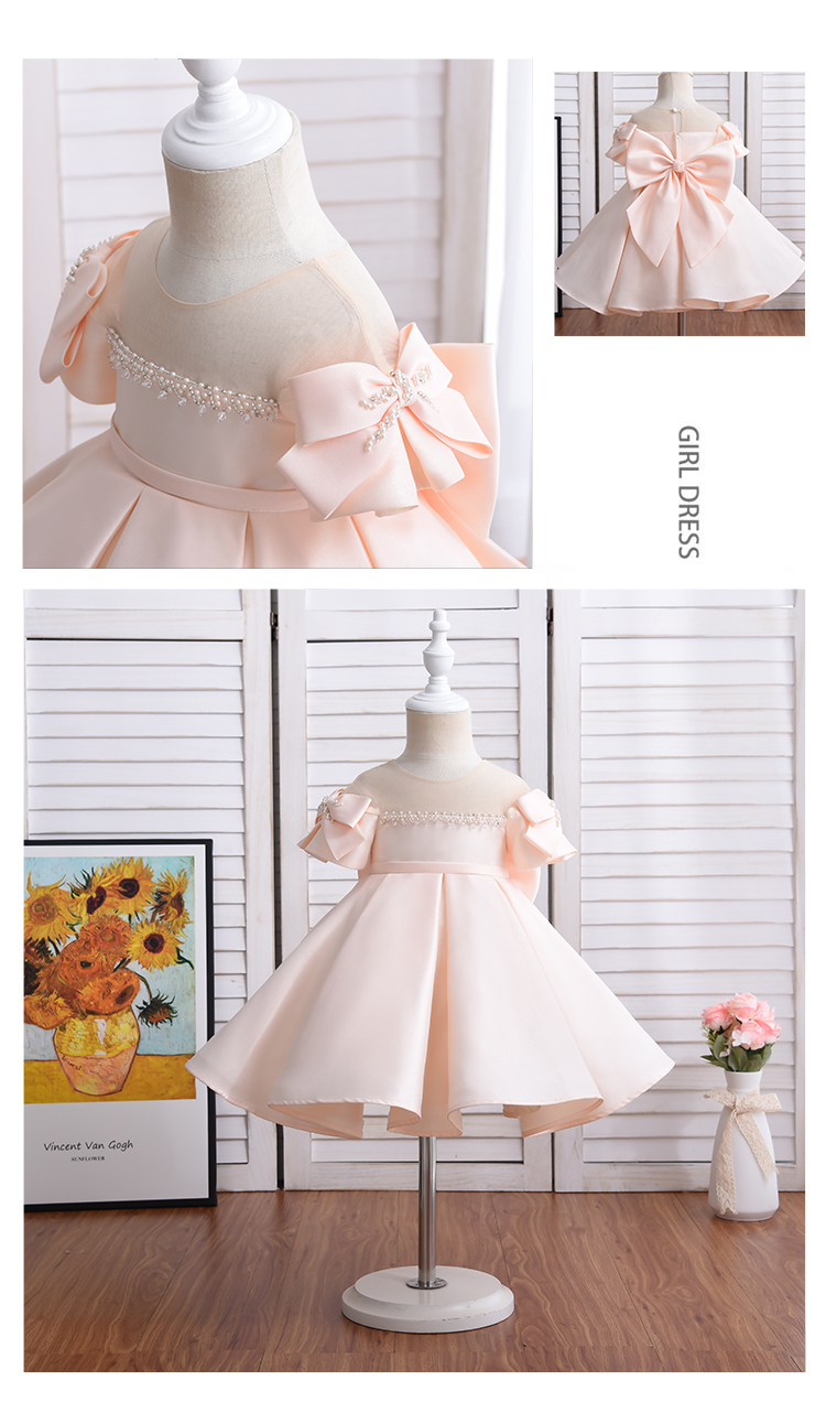 New Arrival High Waisted Short Sleeve Cute Champagne Stain Beading Beach Children Girl Dress With Two Bow On Shoulder