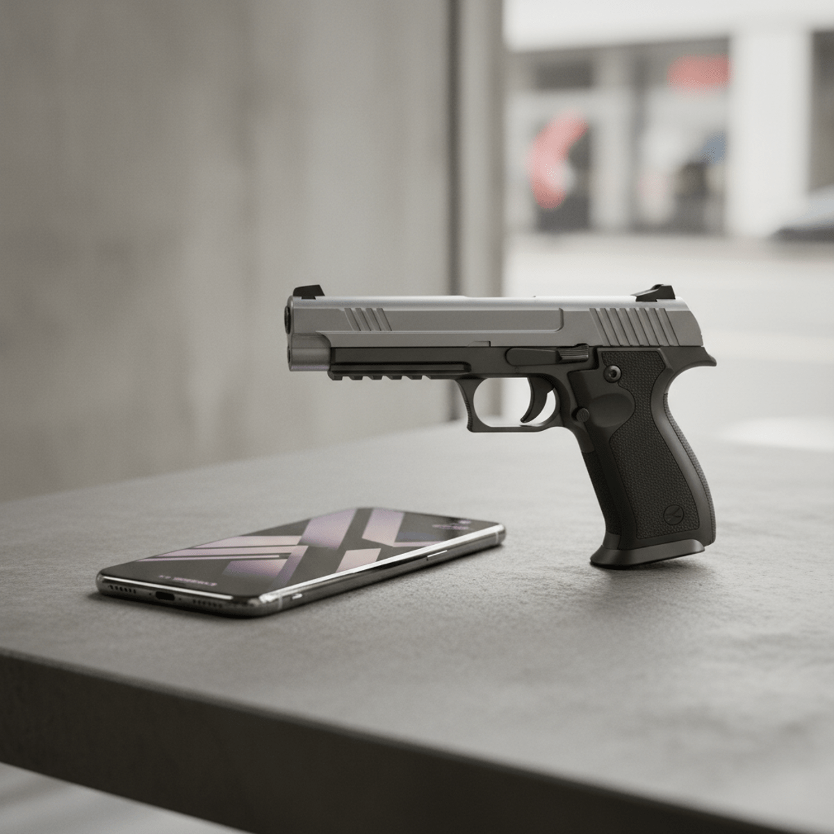 Compact BB gun and smartphone on urban tabletop Ultra-compact BB gun with metal frame beside smartphone on urban tabletop.