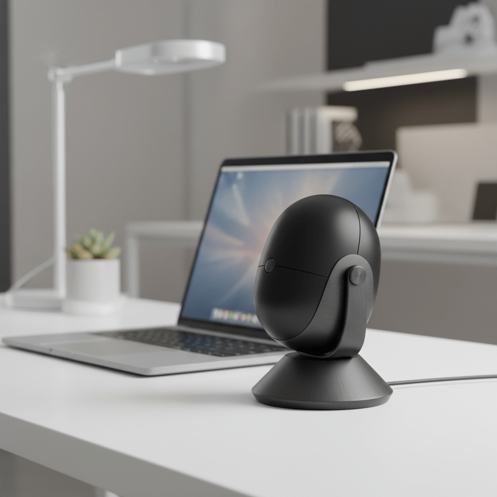Ultra-compact matte black desk microphone with smooth curves on a minimalist desk.