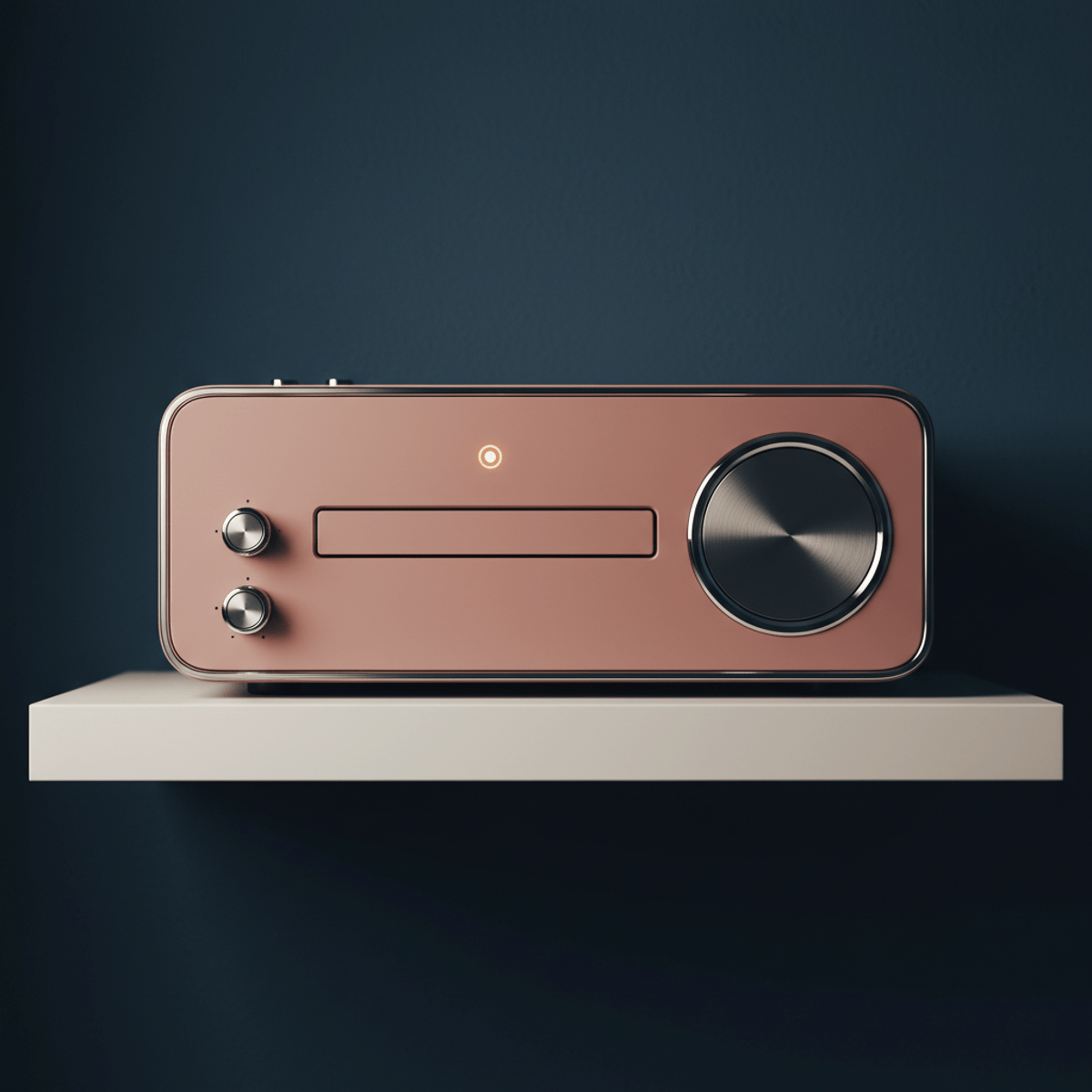 Vintage-style portable DVD player in dusty rose on a minimalist shelf.