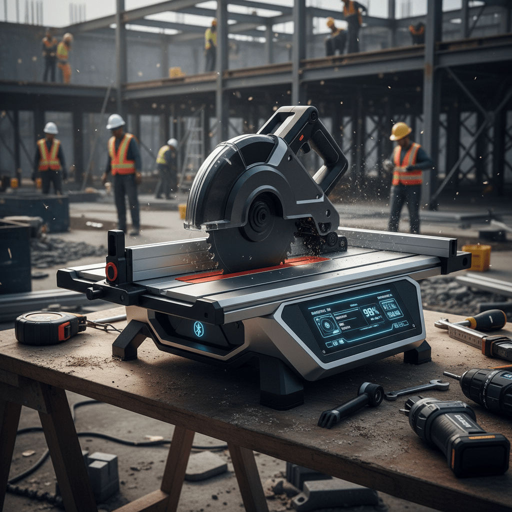 Sleek futuristic cordless table saw with digital display on a busy construction site.