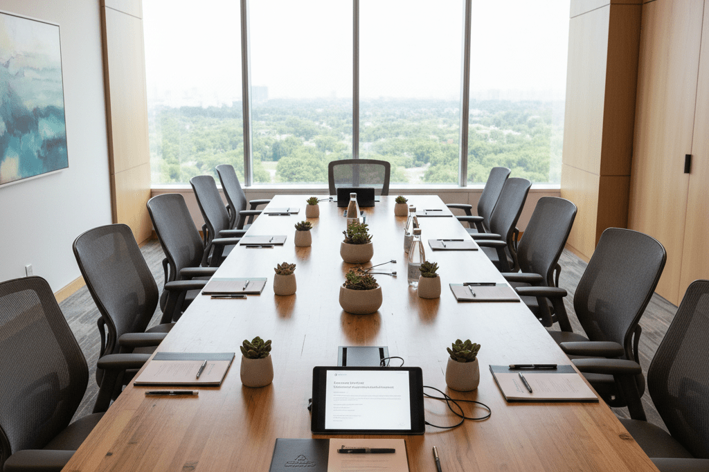 Wide shot of a well-organized conference space with team-building supplies under natural light, symbolizing professional event planning