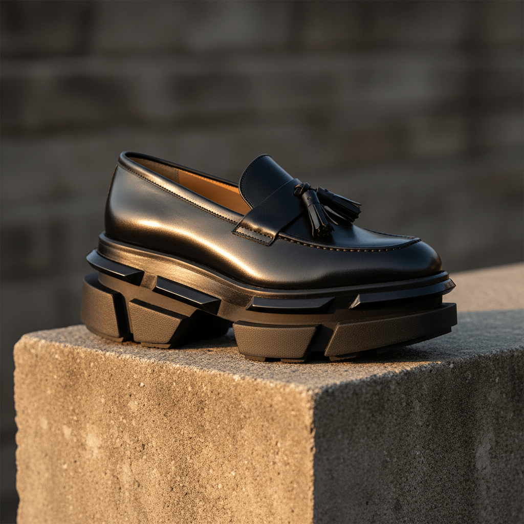 Black men's tassel loafer with sculptural multi-tier sole in golden hour light.