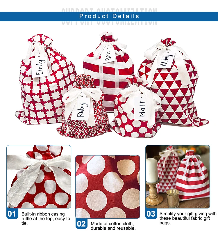 Reusable Cotton Stripe Dots Printed Design Christmas Gift Packing String Sweet Bag