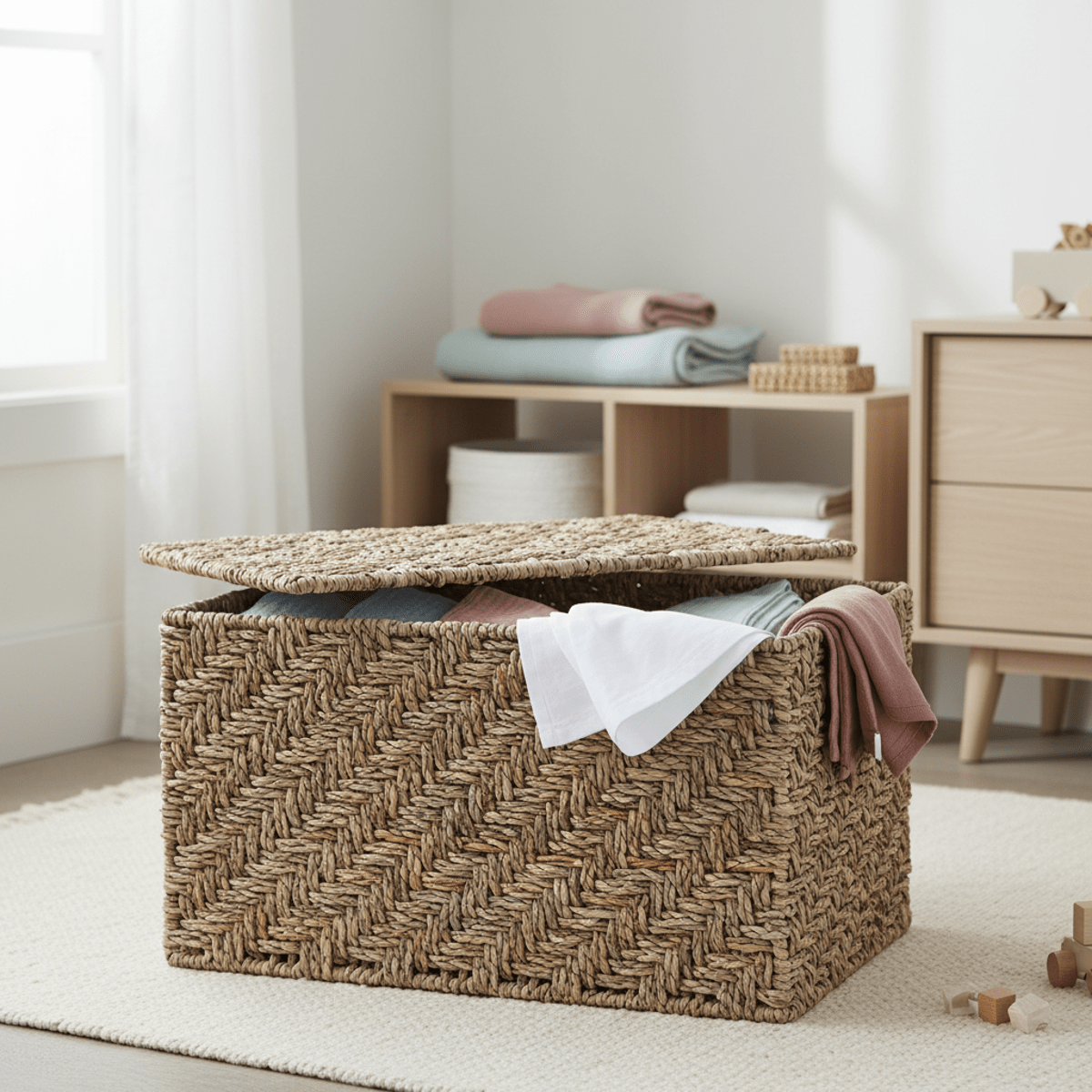 Lidded storage box of woven water hyacinth and rattan in a nursery corner.