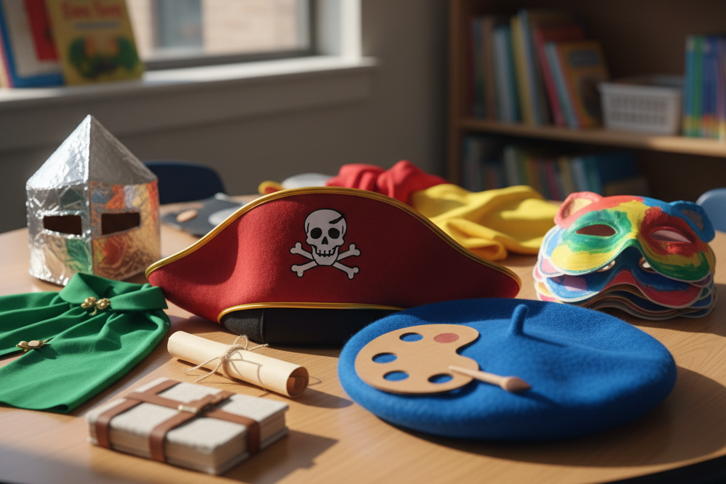 Classroom table displaying handmade costume pieces and props under natural light, symbolizing themed educational events